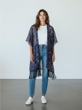 LuLaRoe Monroe Floral Print Sheer Fringe Long Kimono Duster Cardigan Sz S